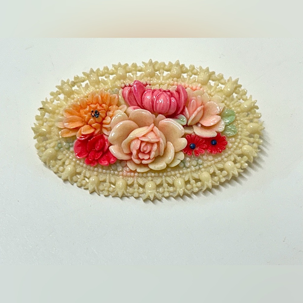 1940s WWII Era Vintage Ornately Carved Celluloid Floral Bouquet Pinback Brooch